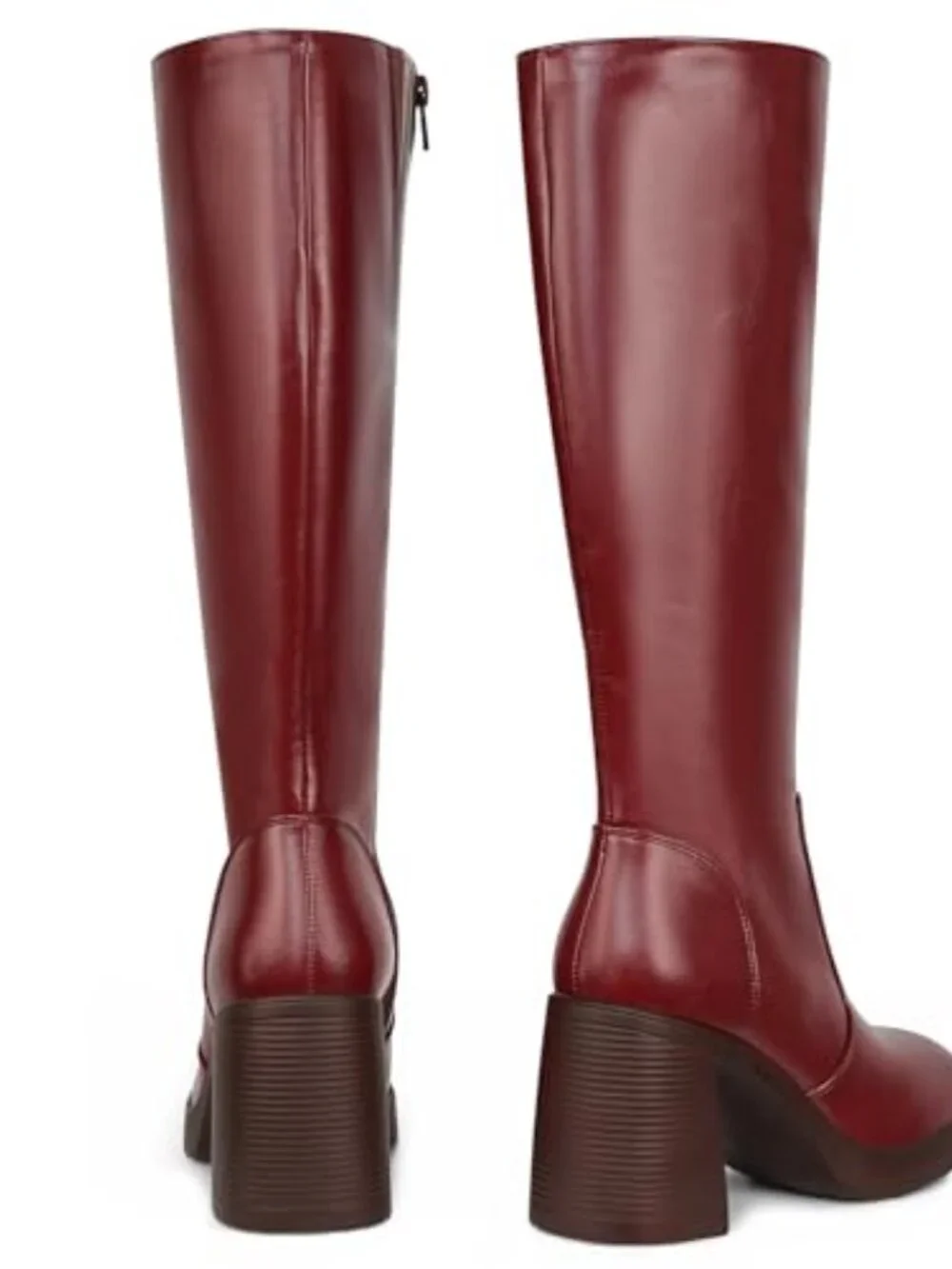 Vegan Leather Platform Boots Square Toe Chunky Block Heeled Side Zip